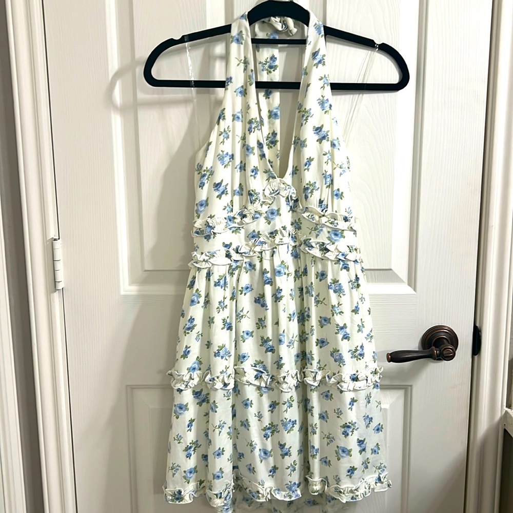 Trixxi white and blue floral halter dress
